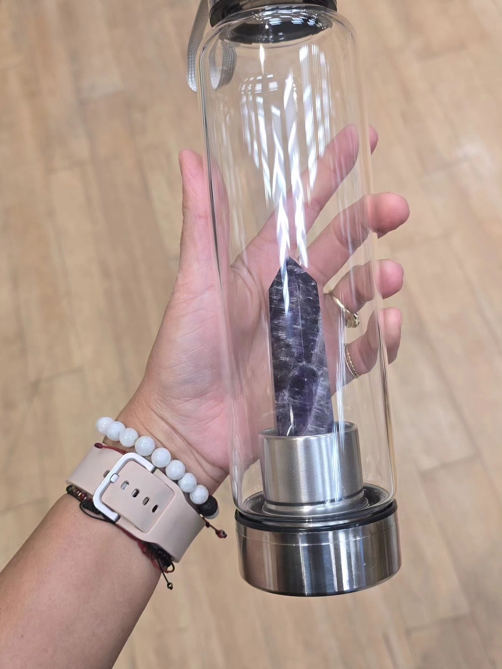 Clear Glass Crystal Infused Water Bottle - Amethyst Accent, Unbranded